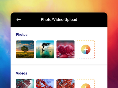 Photo Video Upload add ai animation background booth branding dashboard file gallery gradient background marketplace mobile app photo plus ui upload video website