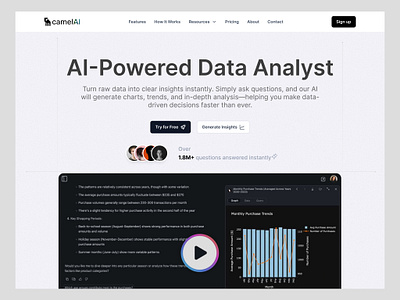 Re-design of CamelAI backed by y-combinator. ai earlystartup fintech hero herosectiondesign landingpage minimaldesign saas saaslandingpage startup websitedesign