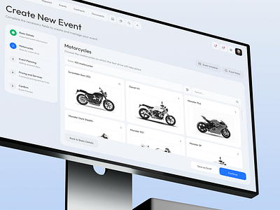 Create Event • Dealer Management System bike blue bulk card dealer design digital event modern moto motorcycle navigation section select simple step steps ui ux web