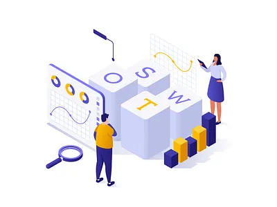 SWOT Analysis Isometric Illustration 3d adobe illustrator analysis business character computer creative graphic illustration infographic isometric metaphor people scene swot vector web design