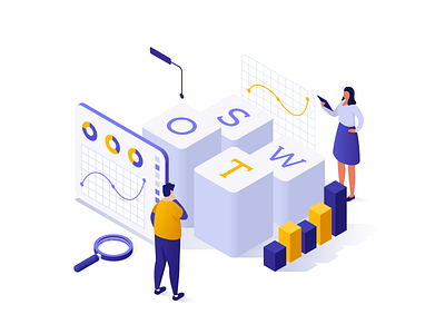 SWOT Analysis Isometric Illustration 3d adobe illustrator analysis business character computer creative graphic illustration infographic isometric metaphor people scene swot vector web design