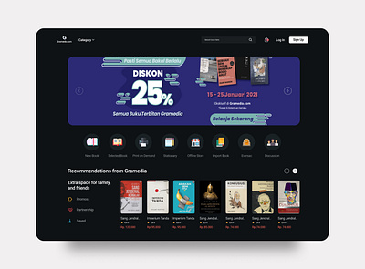 Gramedia Website Redesign Dark Mode Version design interaction design interface minimal typography ui ux web web design website