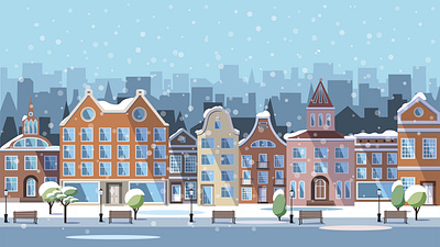 Winter city landscape christmas card design european flat flat design holland illustration vector winter city