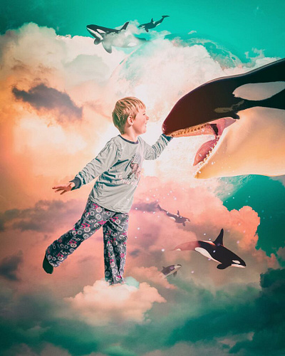 Sky orcas child clouds digitalart digitalillustration digitalpainting dreamscape fantasyillustration forsale glee illustration imagination killerwhale magenta mattepainting moon orca poster skywalker storytelling whale