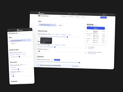 Financial marketplace design for Finazon api api keys crypto customisable customizer dataset documentation endpoints financial data financial marketplace landing marketplace navigation responsive design stocks user research uxui website websocket