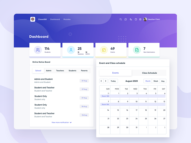 Dashboard - Classe365 ai aiagent b2b calendar dashboard designer education app icons online course online learning saas saas design saas website student ux uxdesign web