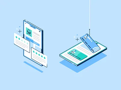 Online Shopping credit card finance illustration isometric phone reviews vector
