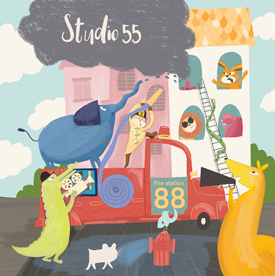 Fire engine animal characterdesign children book illustration film film studio fire studio