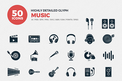 Glyph Icons Music Set branding dashboard design flat icons graphic design icon icons icons design logo music social media startup icon