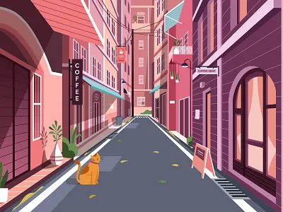 Cafe illustration 🍱 animation building cafe cat coffee fall food header illustration landing leaf mobile red road street street food ticket town urban website