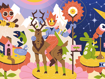 The Mountain Keeper bird character deer editorial illustration fire fish flower home illustration keeper magic mountain nature rabbit stars sun woods