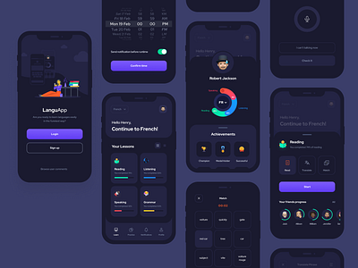 Language Learning App UI Kit app design clean dark mode dark ui education exam interface language language app language learning language learning app language school minimal mobile ui ui design ui kit ui8 ui8net ux