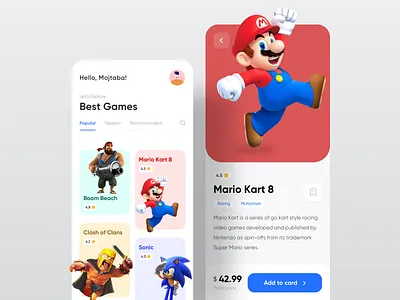 Game Store 3d art app cards ui clash of clans clean ui game game app gamer games gamestore minimal minimalist mobile rating store store app super mario tab trendy ui design