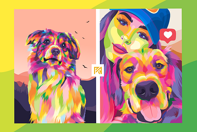 Couple with dog in pop art portrait illustration amazing animal art artwork colorful digital dog fiverr fiverrgigs gig illustration pet photoshop pop art popular portrait poster print wpap