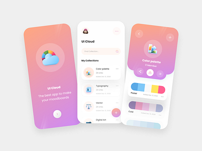 Moodboard Manager Application 📂🎨 app application clean cold color palette design gradient mobile moodboard moodboard manager pastel shadow typography ui ui ux ui design uidesign uiux