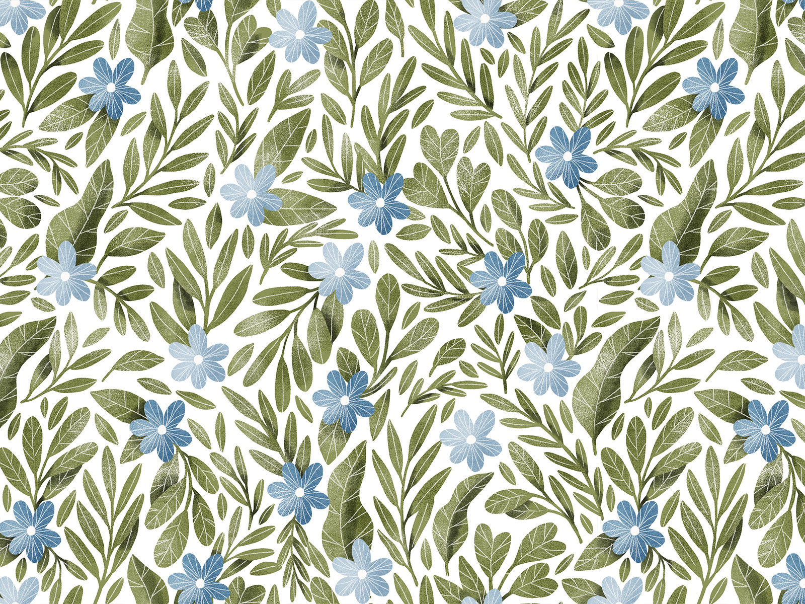 Example of Blue flowers and dark green leaves seamless pattern