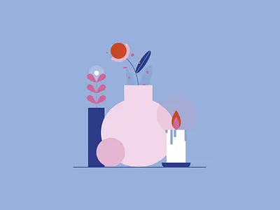 REB — still life ball candle colorful colors composition digital illustration flat design flower hygge illustration illustrator leaf palette pink and blue plant still life vases vector illustration