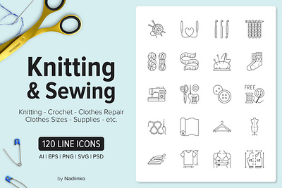 120 Knitting & Sewing Icons branding clothes dashboard design flat icons graphic design icon icons icons design knitted knitting logo sewing social media startup icon