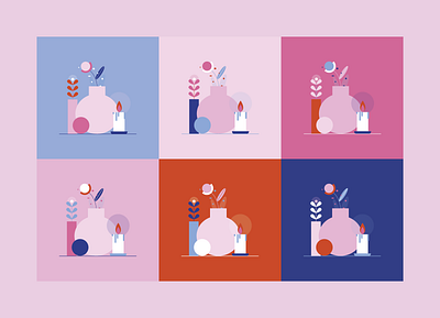 Reb — palette animation candle logo color combination colorful colors digital illustration flat design flower hygge illustration illustrator palette pink and blue plant scene still life variation vases vector illustration