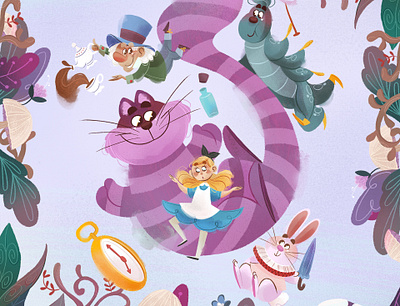 Alice in Wonderland alice aliceinwonderland cat chesire children children book illustration childrens illustration clock digital digital art digital painting digitalart girl illustration magic plants procreate tea