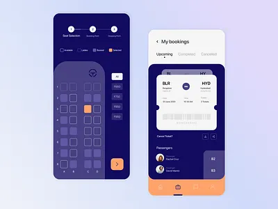 Travel Booking Mobile App app app interface design figma mobile ui my bookings my bookings app ui seat selection ticket booking ui travel travel app travel app ui travel booking travel booking app ui ui uiux