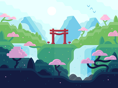 Fates 🌸 cherry blossom illustration japanese landscape leaves riot games scenary spring teamfight tactics tft torii torii gate vector waterfall woods zen