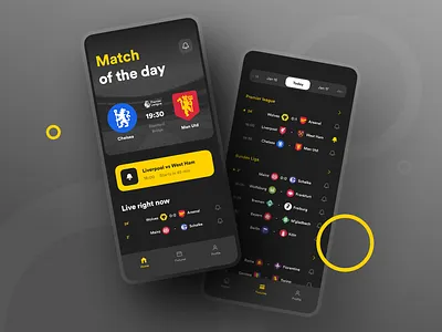 Sports app app chelsea dark dark ui design football goal homepage interaction ios iphone man utd match reminders sport sports ui ux