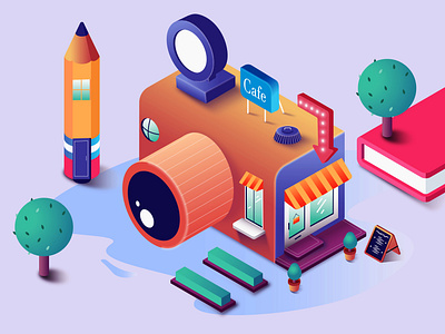 Cafe! 2d 2dart cafe camera cameracafe isometric art isometric design isometric illustration pencil