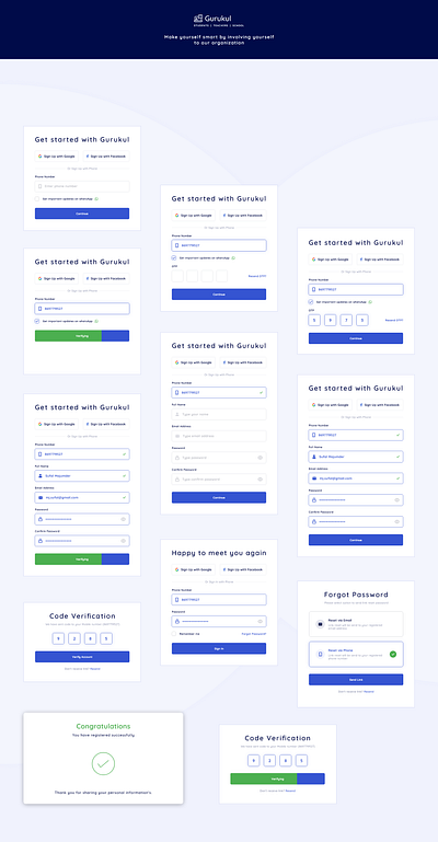 Gurukul Registration user flow branding design login screen logo minimal ui ui design ux ux research web