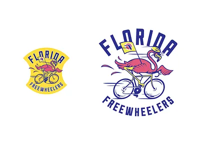 Florida Freewheelers 2 badge client cycling flamingo florida goofy illustration logo salvage
