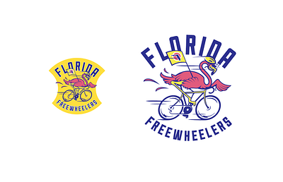 Florida Freewheelers 2 badge client cycling flamingo florida goofy illustration logo salvage