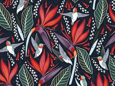 Hummingbirds Pattern colorful digital art flowers folk art hummingbird illustration illustrator leaves pattern pattern design print surface pattern design vector illustration