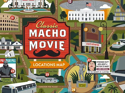 Macho Movie Map film illustrated map macho map map illustration movies puzzle design