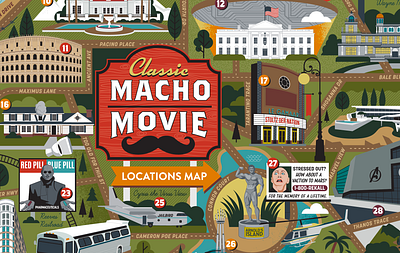 Macho Movie Map film illustrated map macho map map illustration movies puzzle design