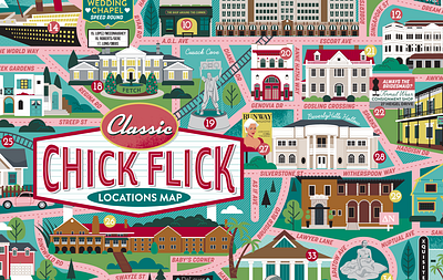 Chick Flick Map films illustrated map illustration map movies scenes