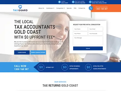 Home Page of taxguard.com.au accountant website blue branding dark blue tax tax website ui design ui development web design web design and development wordpress