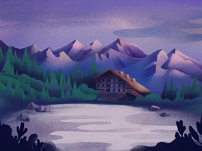 Hut Bezbog Preview bezbog bulgaria bulgarian cabin design forest hut illustration lake mountian nature procrete purple