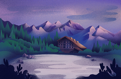 Hut Bezbog Preview bezbog bulgaria bulgarian cabin design forest hut illustration lake mountian nature procrete purple