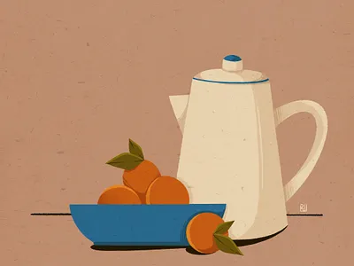 Tangerines blue bowl design drawing illustration orange still life stilllife tangerine teapot web