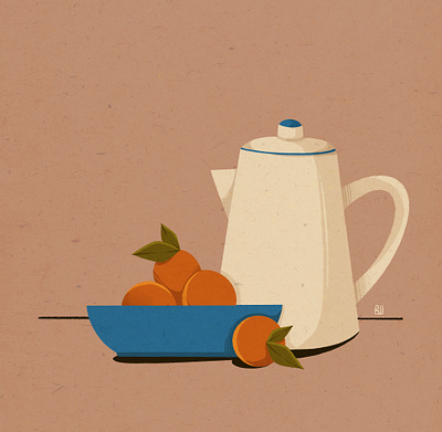 Tangerines blue bowl design drawing illustration orange still life stilllife tangerine teapot web