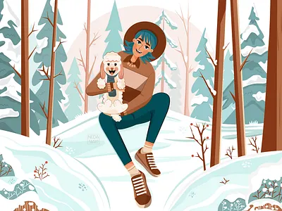 A Warm Hug 2d 2d art art artwork character characterdesign color design flat forest girl illustration illustrator pets puppy snow trees vector winter