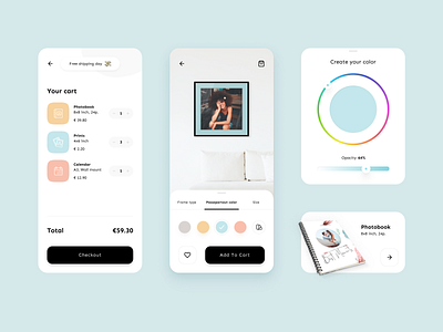 Personalised photo products 🖼 Mobile APP e-commerce AR concept ar augmented reality cart checkout clean design color picker ecommerce app eshop mobile app product page