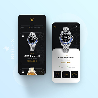 // ROLEX // Minimalistic App Concept in Dark concept design design app digital interface mobile shop ui userexperience ux