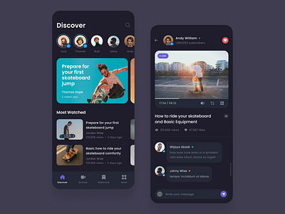 #Exploration - Skateboard Video Platform - Mobile App app bold card clean comments dark mode dark ui dashboard design ios iphone mobile night mode platform player profile ui user video whitespace