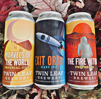 Twin Leaf Explorer Series asheville beer beer can beer label camal desert explore fire galaxy gose illustrated illustration ipa moon rocket sky stars sun volcano