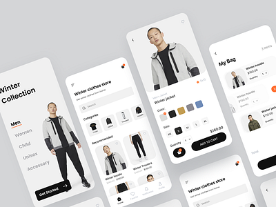 Clothes Store Mobile App cart page checkout page clothes app details page ecommerce fashion app interface mobile online shop tab bar ui ux