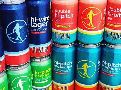 Hi-Wire flagship can update asheville beer beer can bold colorful hazy ipa lager retro simple stripes