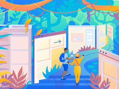 Virtual Onboarding art blog blog illustration character illustration design editorial illustration employee illustration illustrator jungle onboarding safari technology tropical vector virtual