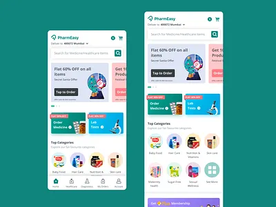 PharmEasy Landing page banners branding ecommerce homepage illustraion landing page logo medicine navigation offer tiles typography ui ux