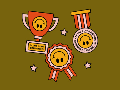 Celebrating all the wins! award badge graphic illustration medal simplistic smiley trophy